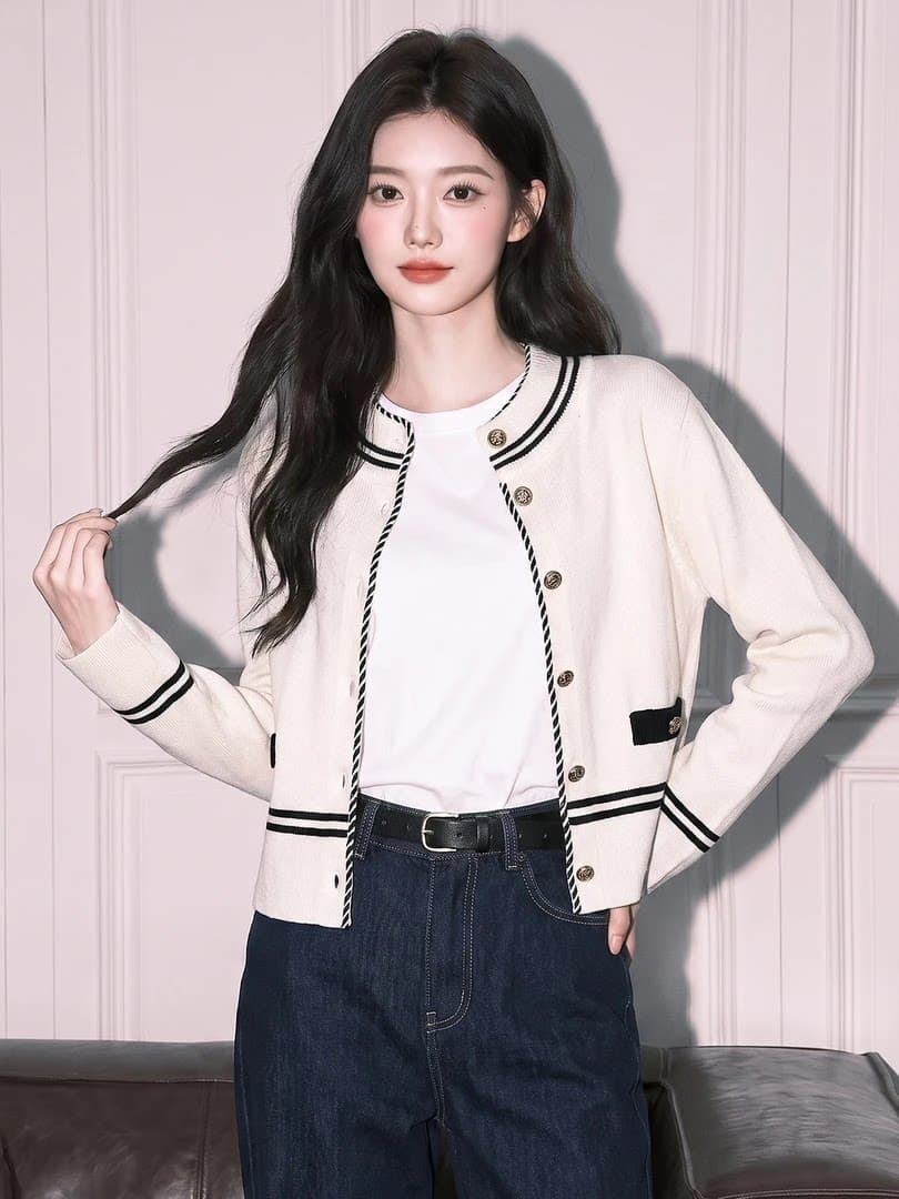 흑인과 백인 더블 스트라이프 스탠드 칼라 스웨터 코트 엠보싱 골드 버클 품격 니트 오픈 가디건