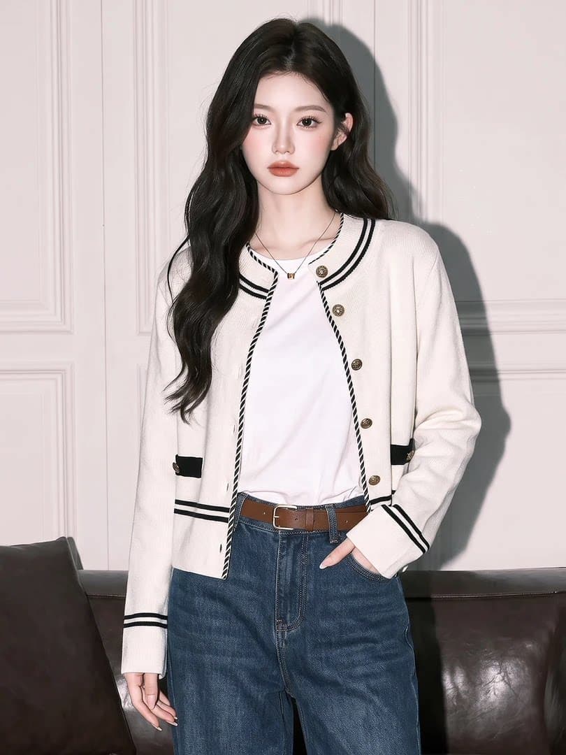 흑인과 백인 더블 스트라이프 스탠드 칼라 스웨터 코트 엠보싱 골드 버클 품격 니트 오픈 가디건 이미지 3