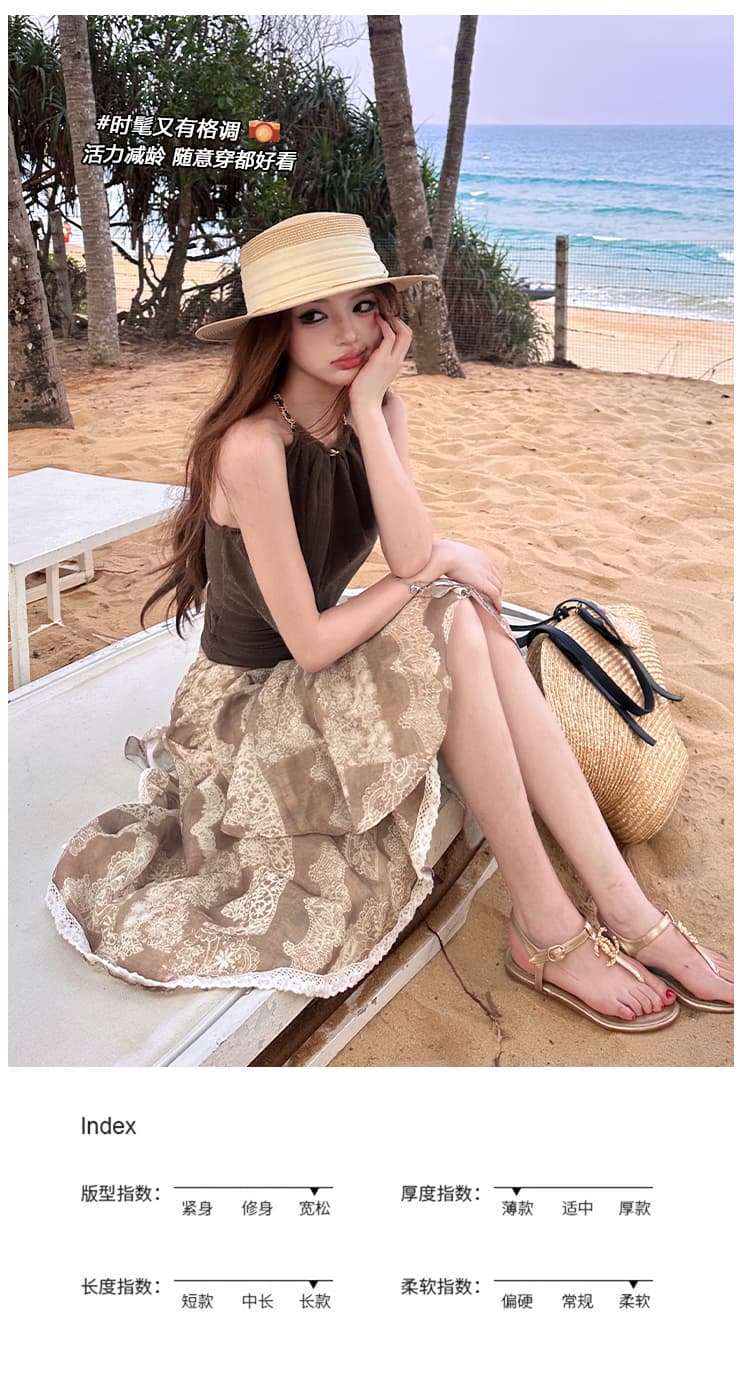 휴가 바람 착용 가져 가라. 세트 레트로 백리스 행침 목 조끼 여성 의류 여름 불규칙 꽃무늬 반신 스커트 투피스 세트 상세 이미지 3