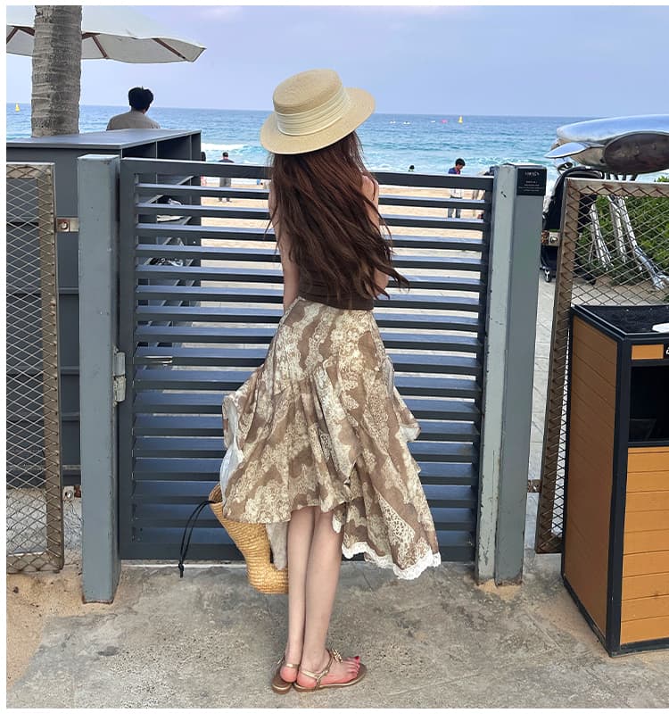 휴가 바람 착용 가져 가라. 세트 레트로 백리스 행침 목 조끼 여성 의류 여름 불규칙 꽃무늬 반신 스커트 투피스 세트 상세 이미지 21