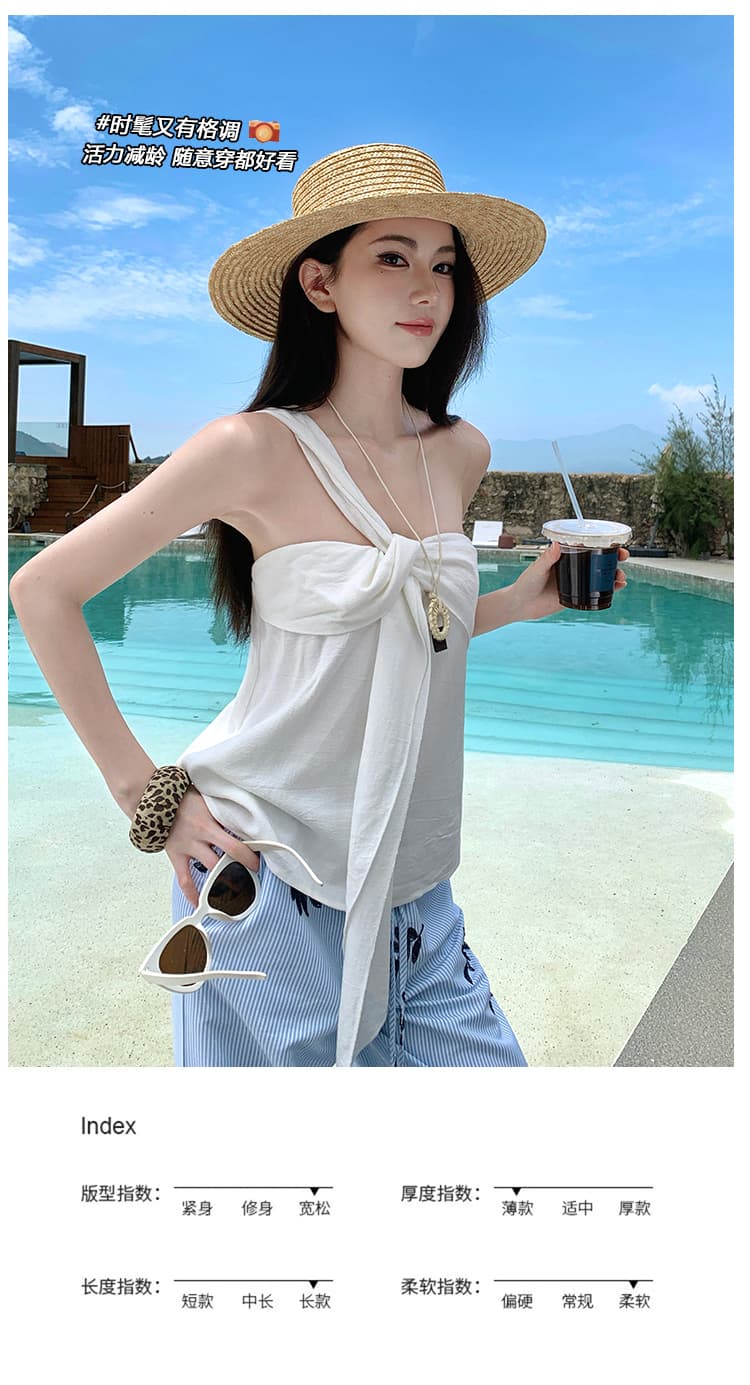 화이트 비스듬한 어깨 작은 셔츠 잎사귀 자수 작은 대중 프릴 펌프 로프 레이스업 스트라이프 넓은 다리 캐주얼 바지 투피스 세트 상세 이미지 3