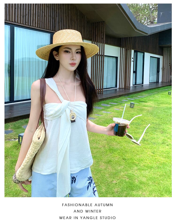 화이트 비스듬한 어깨 작은 셔츠 잎사귀 자수 작은 대중 프릴 펌프 로프 레이스업 스트라이프 넓은 다리 캐주얼 바지 투피스 세트 상세 이미지 6