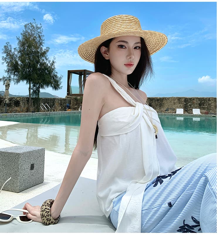 화이트 비스듬한 어깨 작은 셔츠 잎사귀 자수 작은 대중 프릴 펌프 로프 레이스업 스트라이프 넓은 다리 캐주얼 바지 투피스 세트 상세 이미지 16