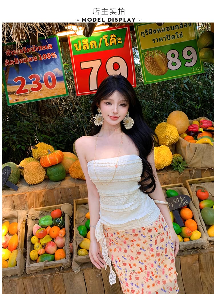 프랑스식 쌀 살구 색상 몸매 가꾸기 레이스 튜브탑 조끼 여성 여름 연령 감소 꽃무늬 타이트 스커트 투피스 세트 상세 이미지 4