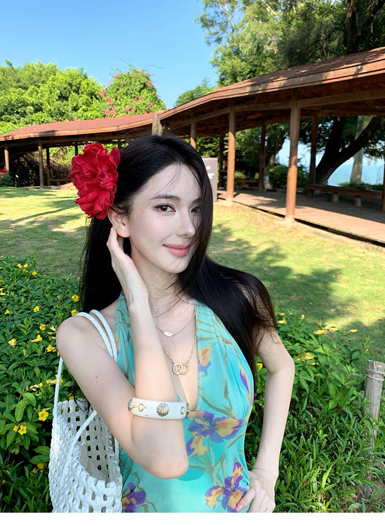 박하 녹색 레트로 붓꽃을 만발하다 신축성 좋은 플래시 몸매 가꾸기 슬림해 보이는 휴가 바람 V넥 행침 목 드레스 상세 이미지 3