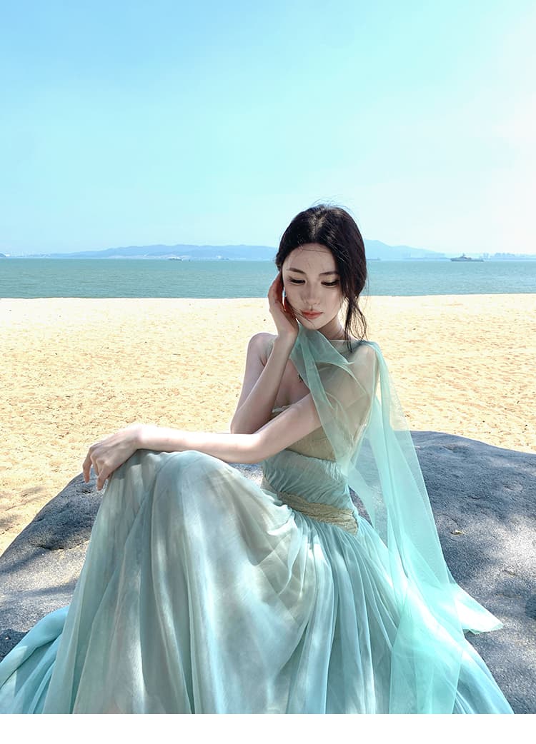 프랑스식 레트로 레이스 조각 드레스 백리스 작은 섹시함 슬립 롱 스커트 신선함 스트랩 허리 수축 치마 상세 이미지 13