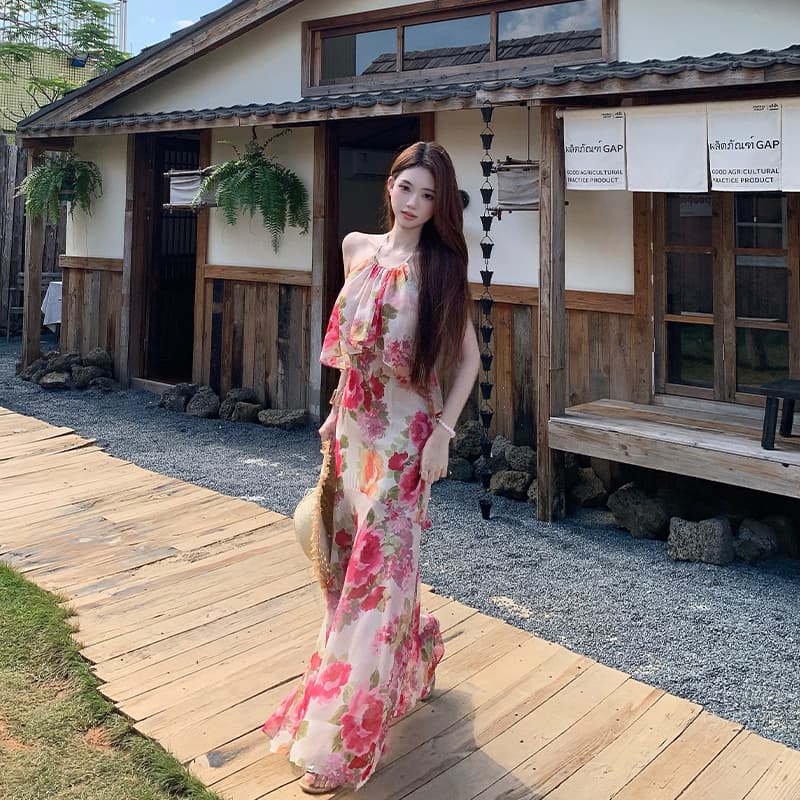 실사 프랑스식 휴가 인어 꼬리 여성 드레스 여름 행침 목 오프숄더 민소매 허리 수축 롱 코트 치마 이미지 2