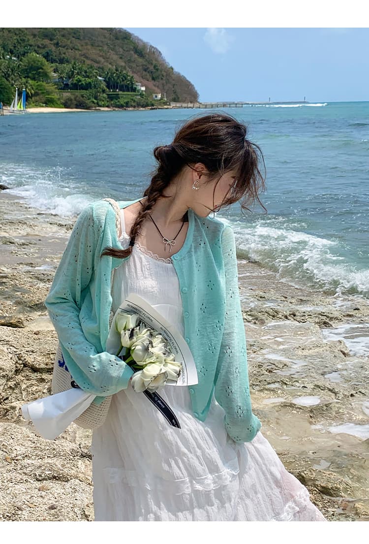 오픈 가디건 Tulle 여름 2026 새로운 여름 얇은 스타일 슬립 드레스 외부 가져 가라. 블라우스 자외선 차단 니트 스웨터 재킷 맨위 상세 이미지 22