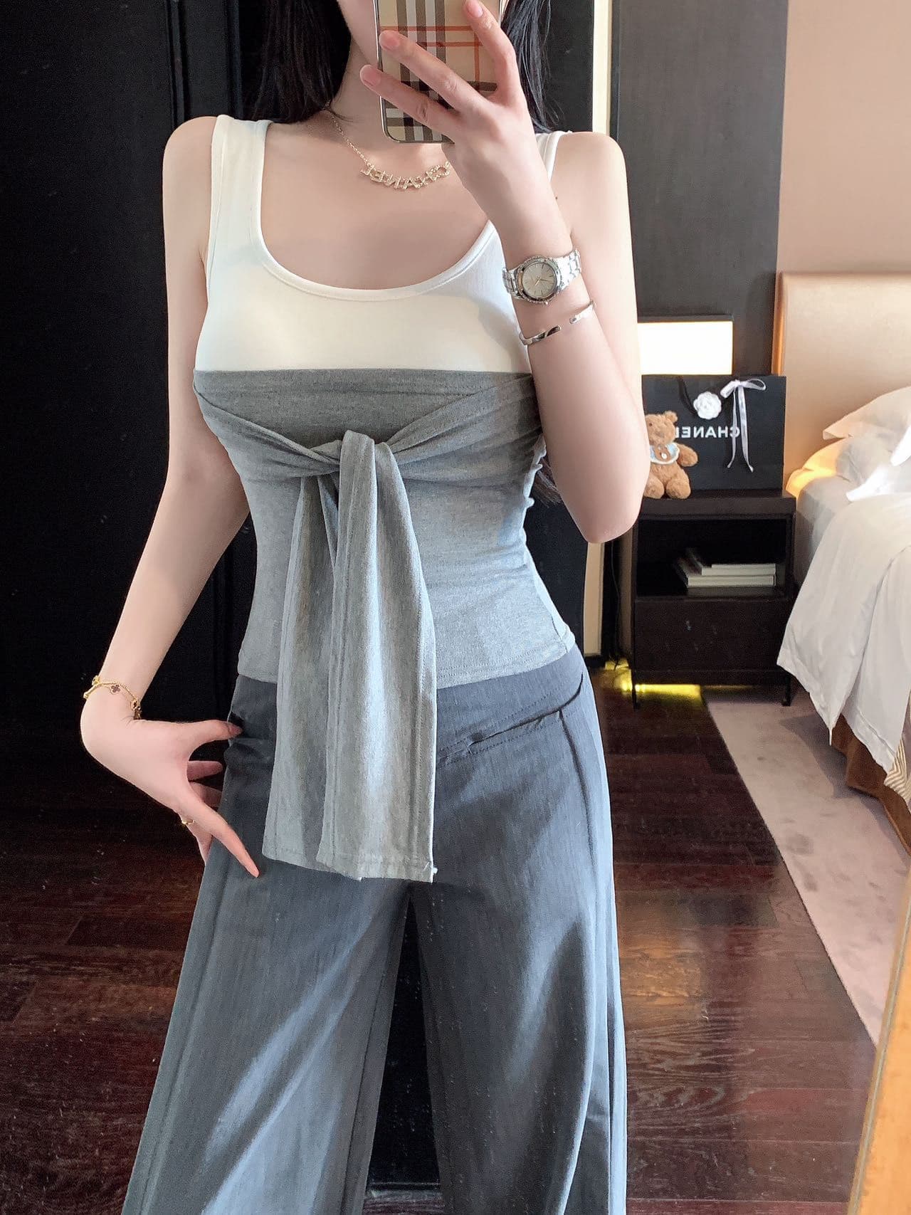 작은 대중 디자인 센스 오프숄더 페이크 레이어드 반팔 티셔츠 여성 여름 레이스업 몸매 가꾸기 슬림해 보이는 쇼트 스타일 맨위 상세 이미지 15