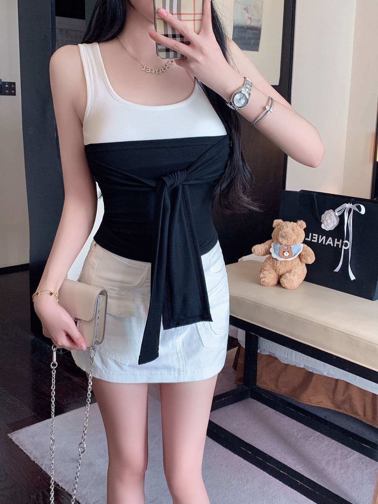 작은 대중 디자인 센스 오프숄더 페이크 레이어드 반팔 티셔츠 여성 여름 레이스업 몸매 가꾸기 슬림해 보이는 쇼트 스타일 맨위 상세 이미지 29