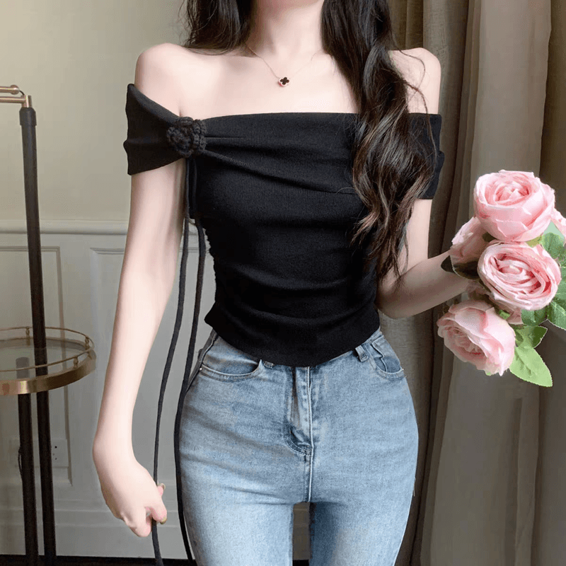 프랑스식 오프숄더 꼬집기 허리 디자인 센스 작은 대중 Chic 맨위 몸매 가꾸기 니트 쇼트 스타일 티셔츠 여성 상세 이미지 8