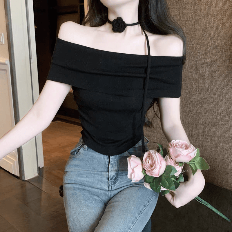 프랑스식 오프숄더 꼬집기 허리 디자인 센스 작은 대중 Chic 맨위 몸매 가꾸기 니트 쇼트 스타일 티셔츠 여성 상세 이미지 24