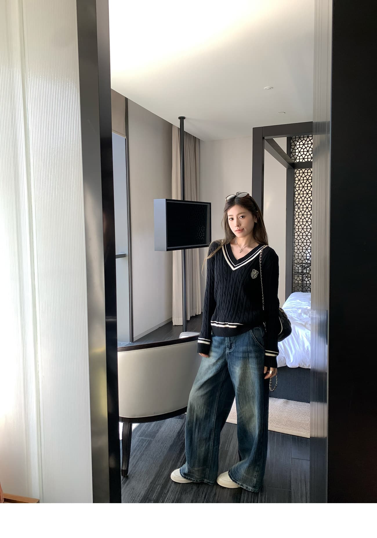 한 부서 달콤함 꽈배기 휘장 자수 V넥 배색 스웨터 여자 가을 학원 스타일 외출용 슬림해 보이는 니트 맨위 상세 이미지 19