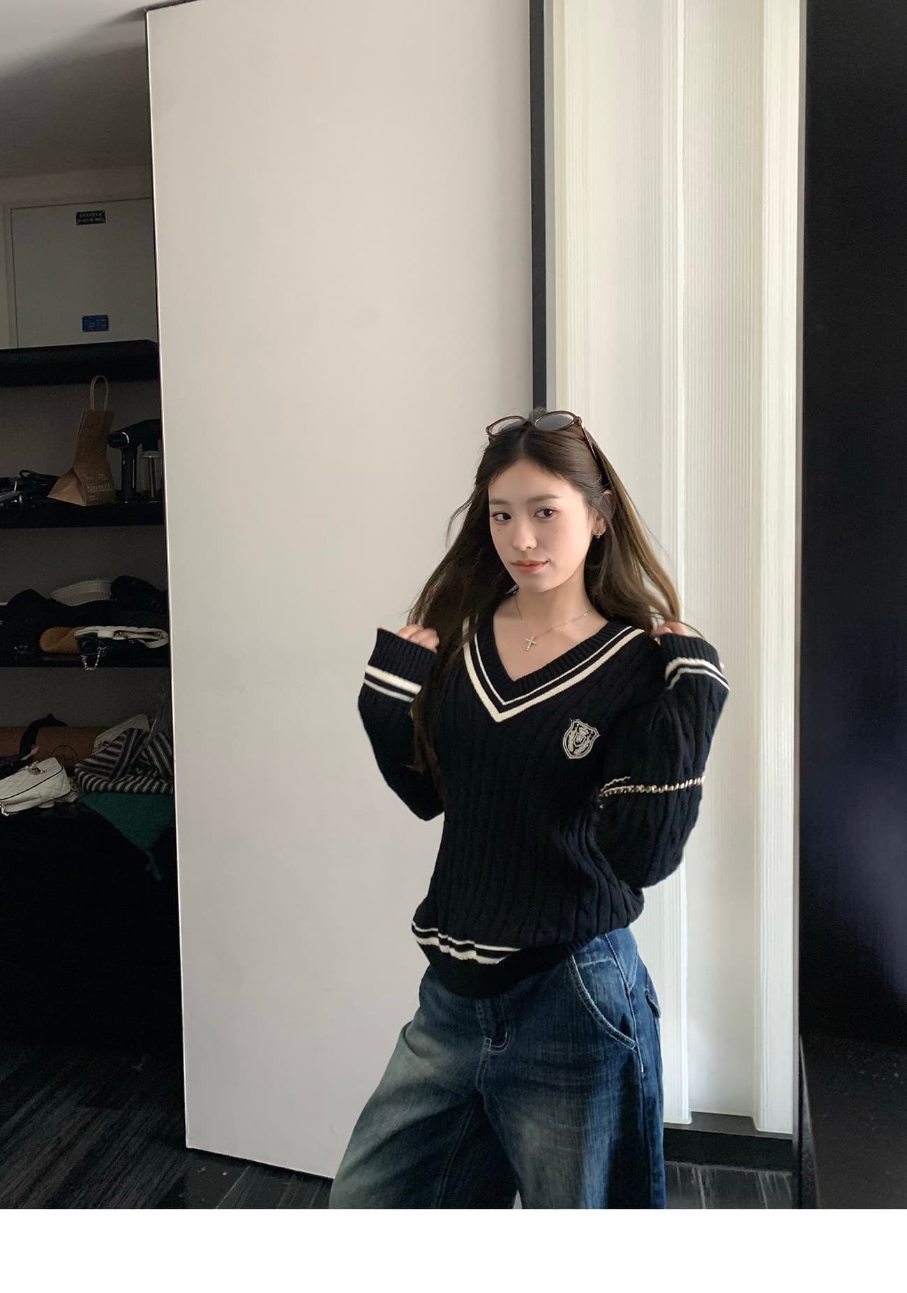 한 부서 달콤함 꽈배기 휘장 자수 V넥 배색 스웨터 여자 가을 학원 스타일 외출용 슬림해 보이는 니트 맨위 상세 이미지 22