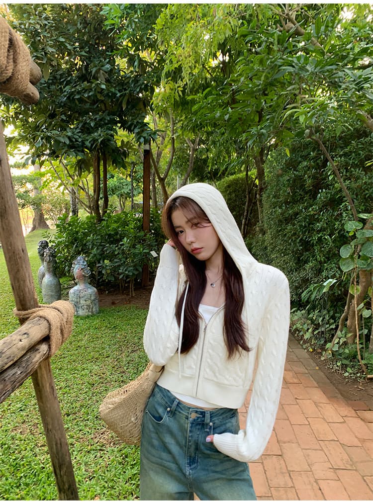 한 부서 후드 꽈배기 니트 오픈 가디건 여성 몸매 가꾸기 품격 느긋한 지퍼 털 외투 셔츠 긴팔 맨위 이미지 2