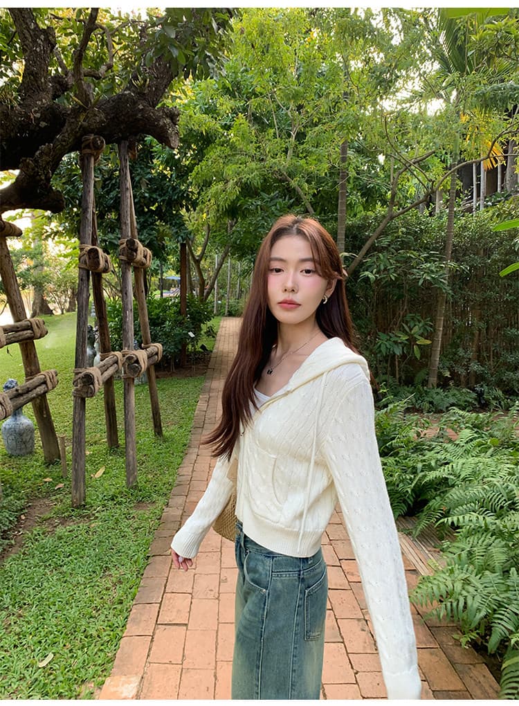 한 부서 후드 꽈배기 니트 오픈 가디건 여성 몸매 가꾸기 품격 느긋한 지퍼 털 외투 셔츠 긴팔 맨위 상세 이미지 3