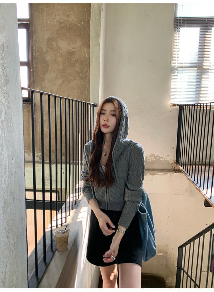 한 부서 후드 꽈배기 니트 오픈 가디건 여성 몸매 가꾸기 품격 느긋한 지퍼 털 외투 셔츠 긴팔 맨위 상세 이미지 18