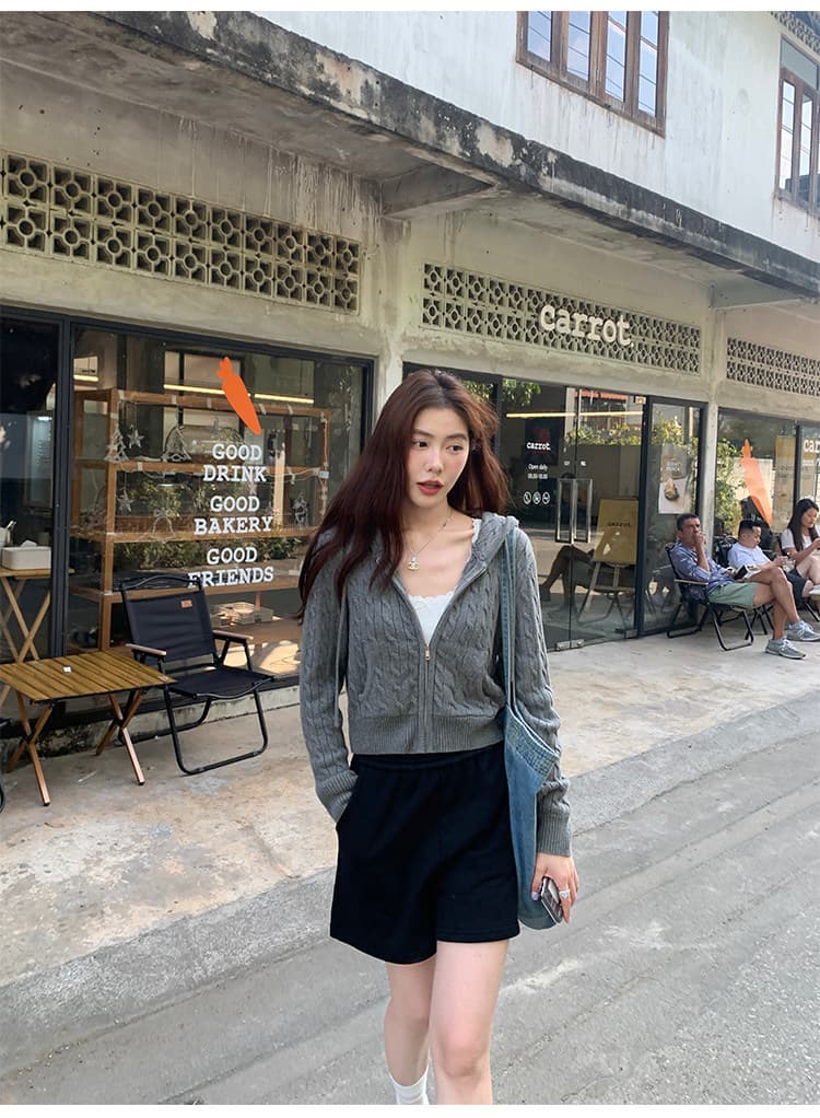 한 부서 후드 꽈배기 니트 오픈 가디건 여성 몸매 가꾸기 품격 느긋한 지퍼 털 외투 셔츠 긴팔 맨위 상세 이미지 26