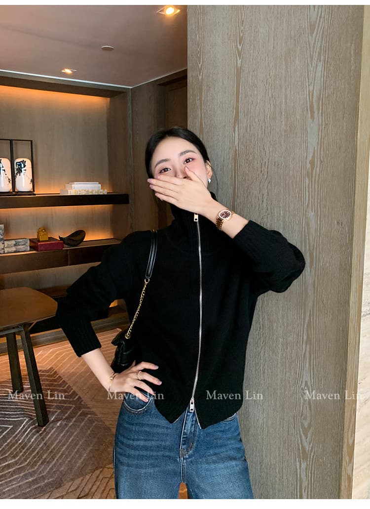 한 부서 니트 오픈 가디건 가을 겨울 빅 칼라 양방향 지퍼 단색 몸매 가꾸기 슬림해 보이는 느긋한 출퇴근 긴 소매 셔츠 상세 이미지 19