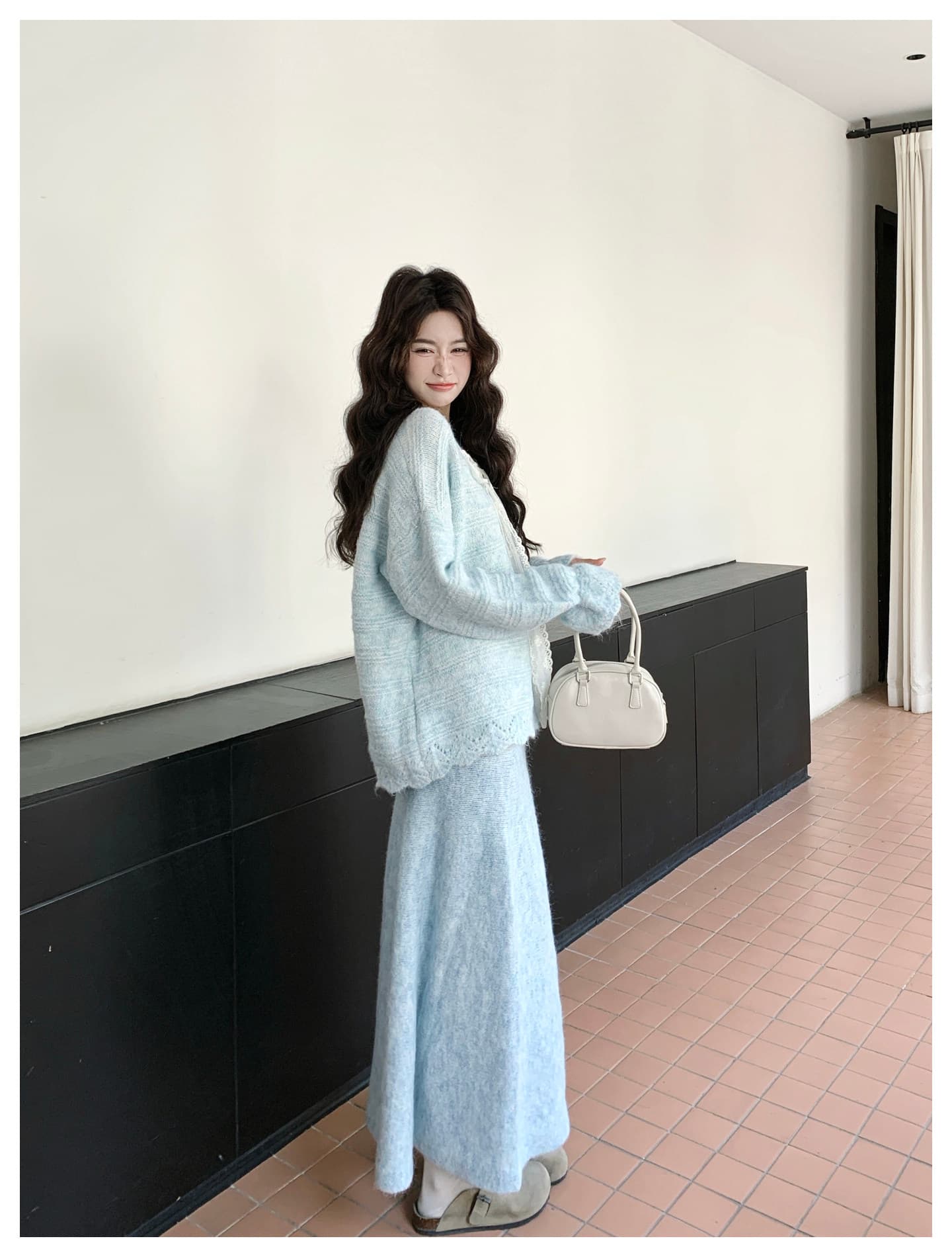 소금 달콤한 부서 착용 가져 가라. 연령 감소 레이스 나비 매듭 스웨터 니트 맨위 느긋한 바람 캐주얼 반신 스커트 투피스 세트 상세 이미지 29