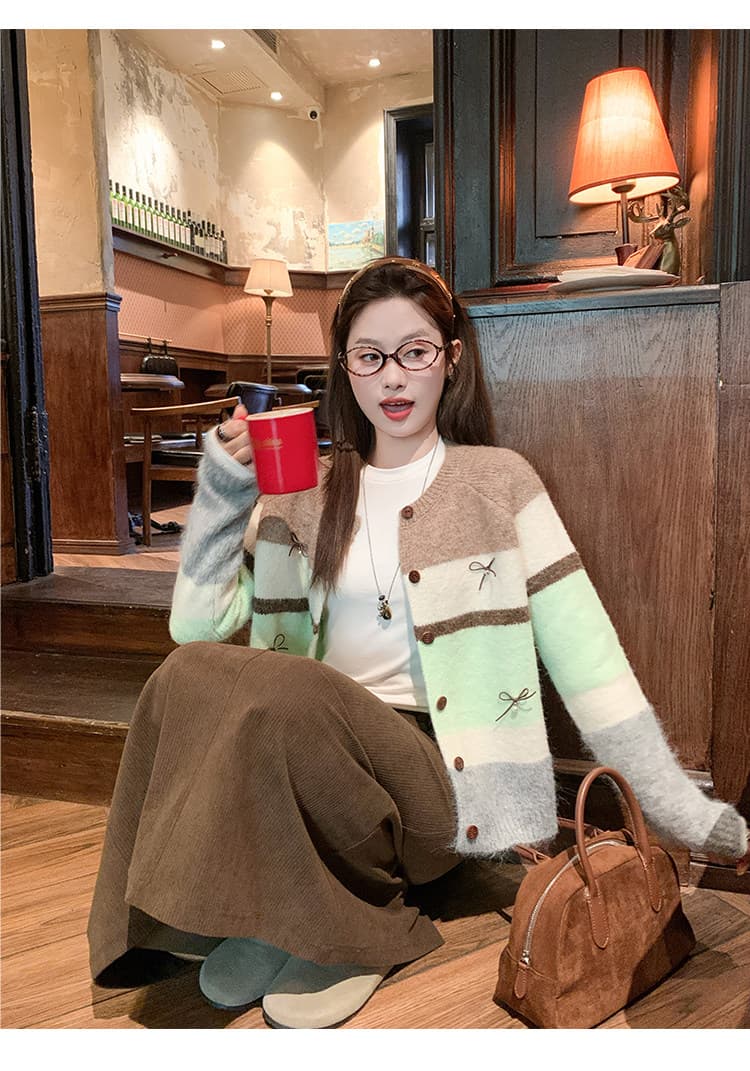 한 부서 배색 스트라이프 스웨터 오픈 가디건 여성 가을 겨울철 루즈핏 느긋한 니트 재킷 맨위 두꺼운 상세 이미지 4