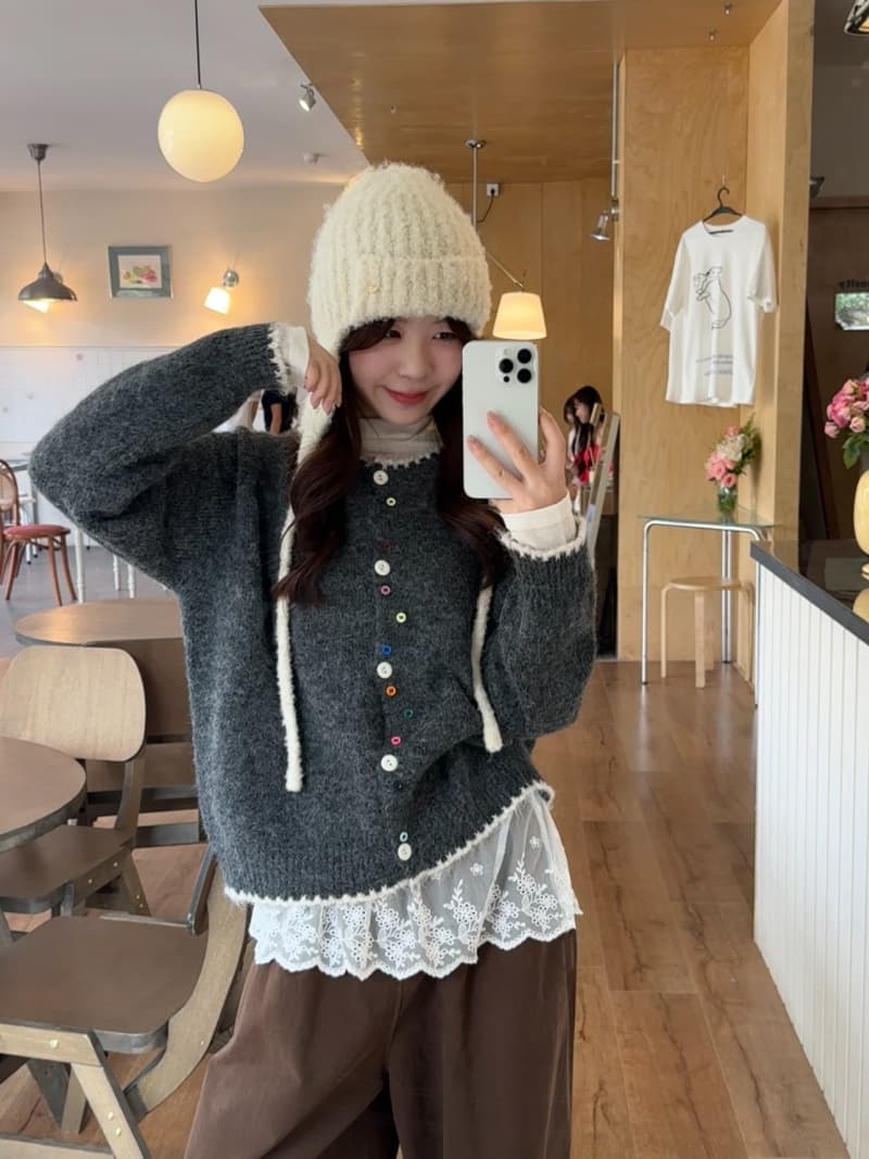 한 부서 부드러운 스탠드 칼라 니트 오픈 가디건 여성 가을 겨울 레이스 나비 매듭 레이스 부드러운 찹쌀 스웨터 슬림해 보이는 외부 잡아라. 의류 상세 이미지 1