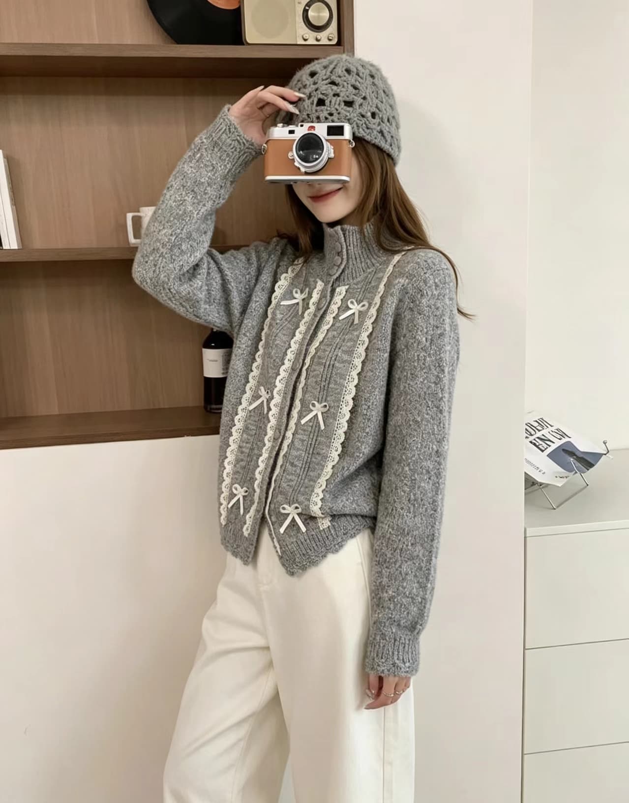 한 부서 부드러운 스탠드 칼라 니트 오픈 가디건 여성 가을 겨울 레이스 나비 매듭 레이스 부드러운 찹쌀 스웨터 슬림해 보이는 외부 잡아라. 의류 상세 이미지 9