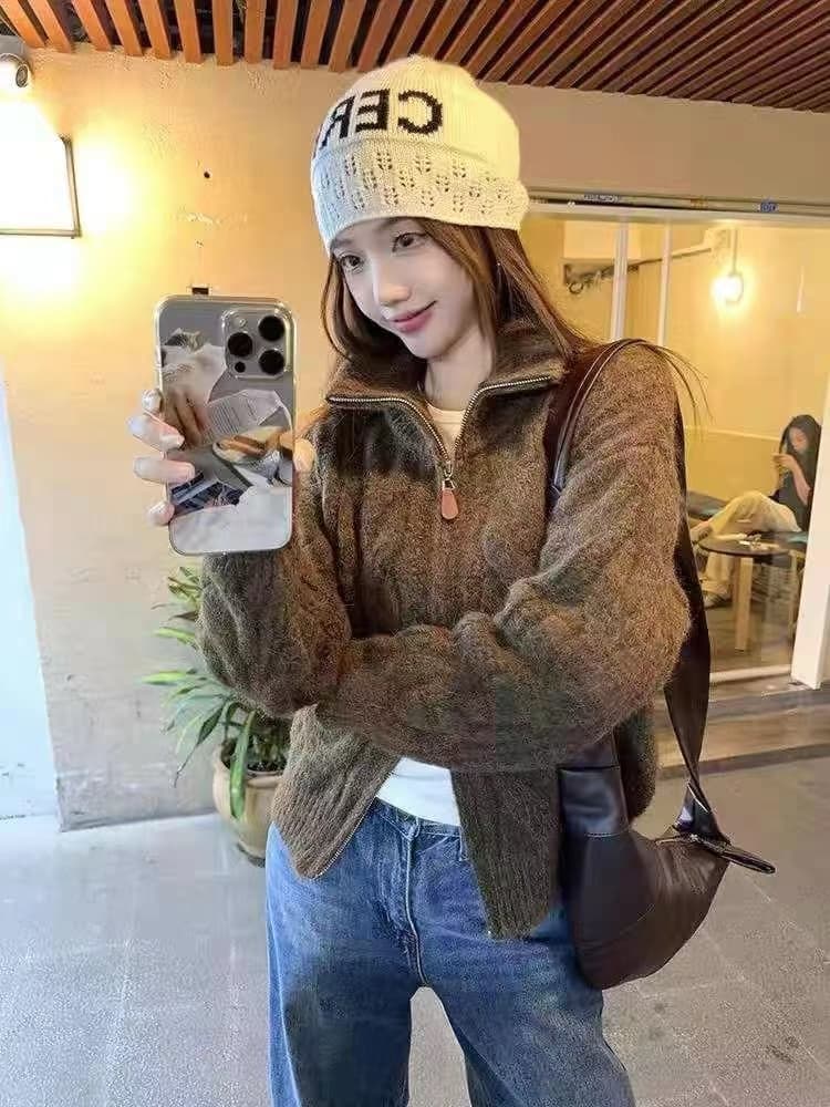 레트로 느긋한 바람 분위기 센스 더블 지퍼 오픈 가디건 여성 가을 루즈핏 슬림해 보이는 긴팔 쇼트 스타일 맨위 상세 이미지 3
