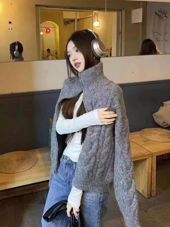 레트로 느긋한 바람 분위기 센스 더블 지퍼 오픈 가디건 여성 가을 루즈핏 슬림해 보이는 긴팔 쇼트 스타일 맨위 상세 이미지 5