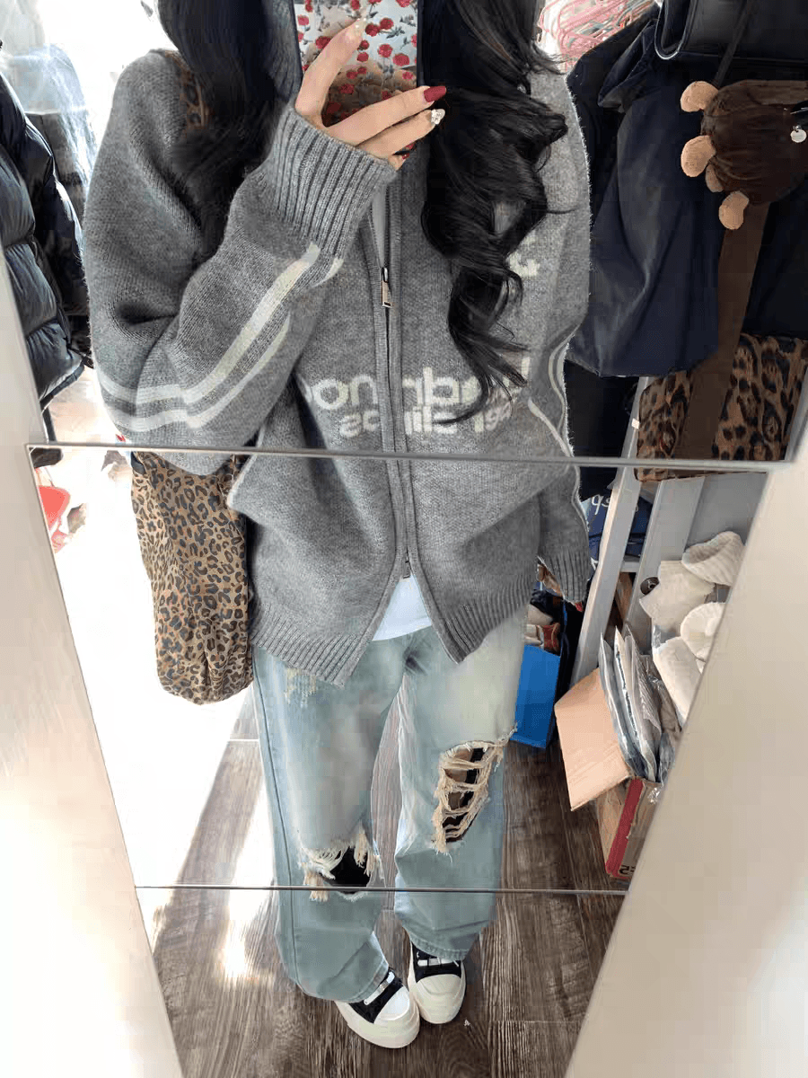 폴로 칼라 지퍼 스웨터 오픈 가디건 여성 2026 가을 의상 새로운 한국 스타일 루즈핏 벨트 표준 니트 스웨터 재킷 상세 이미지 5