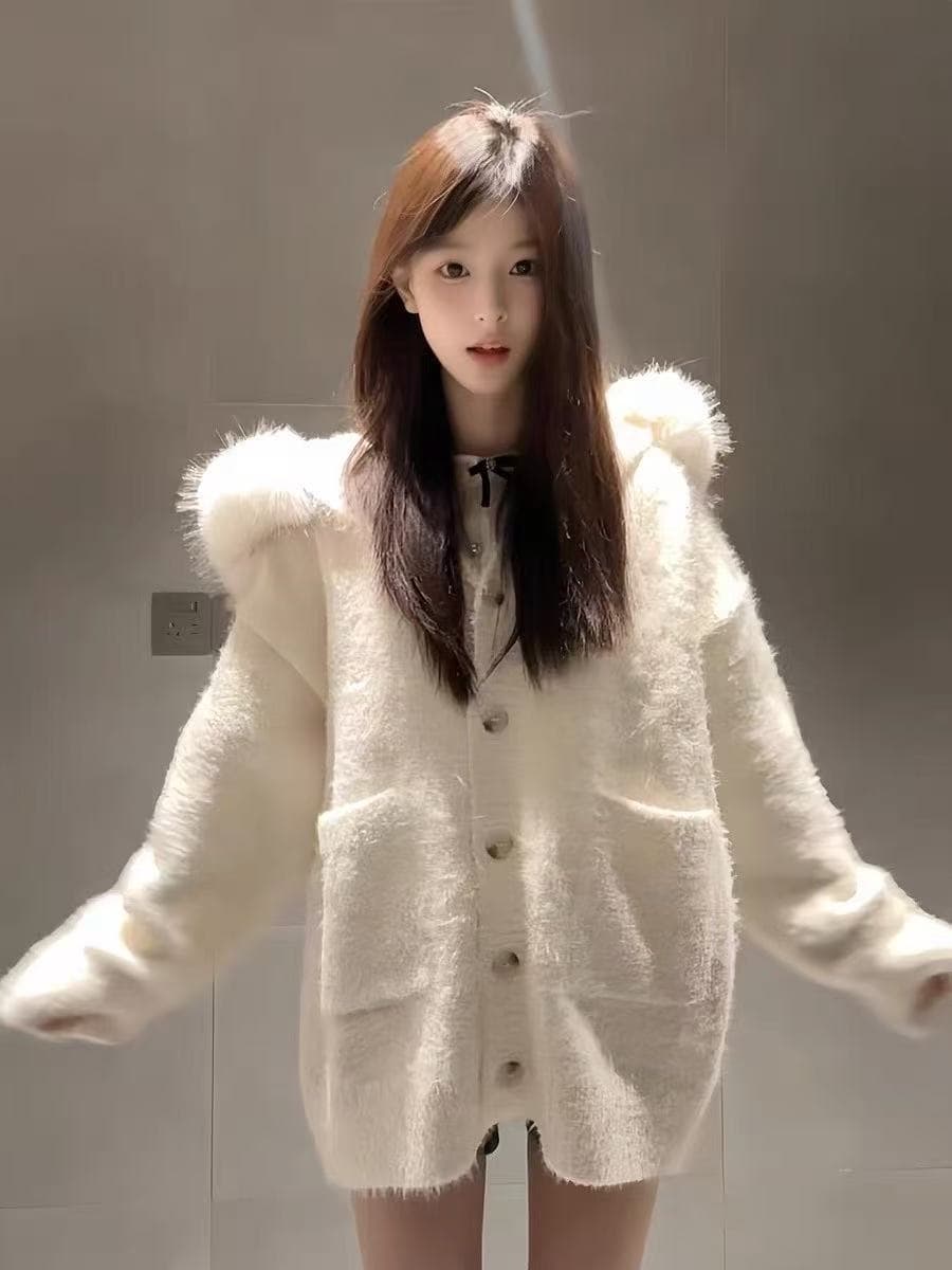 부드러운 찹쌀 스웨터 여성 코트 가을 겨울 단색 다용도 외출용 슬림해 보이는 외국 가스 디자인 센스 주머니 모피 칼라 니트 오픈 가디건 상세 이미지 2