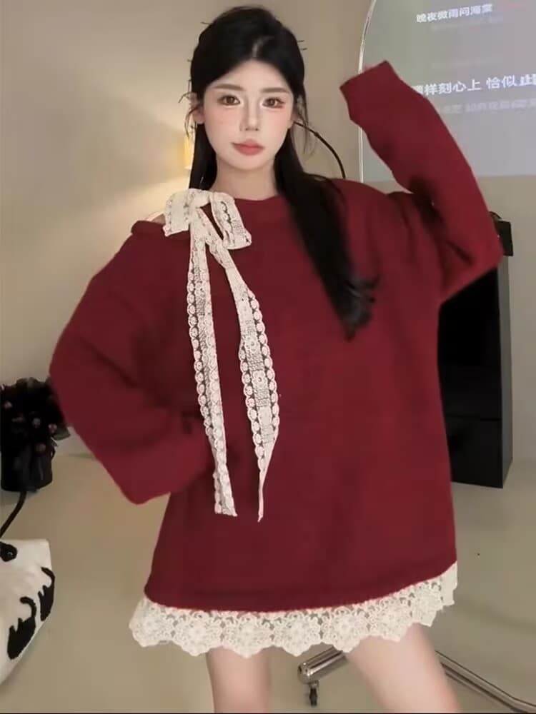 프랑스식 패치워크 레이스 레이스업 나비 매듭 오프숄더 니트 스웨터 여성 겨울 새로운 레트로 루즈핏 느긋한 바람 스웨터 상세 이미지 2