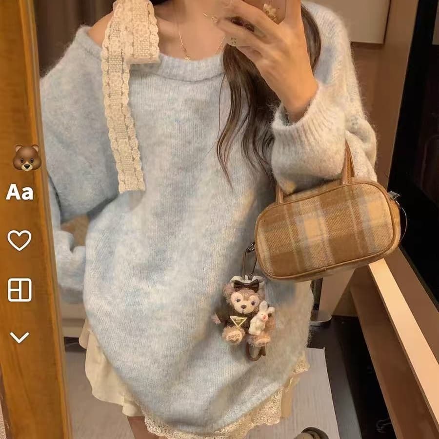 프랑스식 패치워크 레이스 레이스업 나비 매듭 오프숄더 니트 스웨터 여성 겨울 새로운 레트로 루즈핏 느긋한 바람 스웨터 상세 이미지 3
