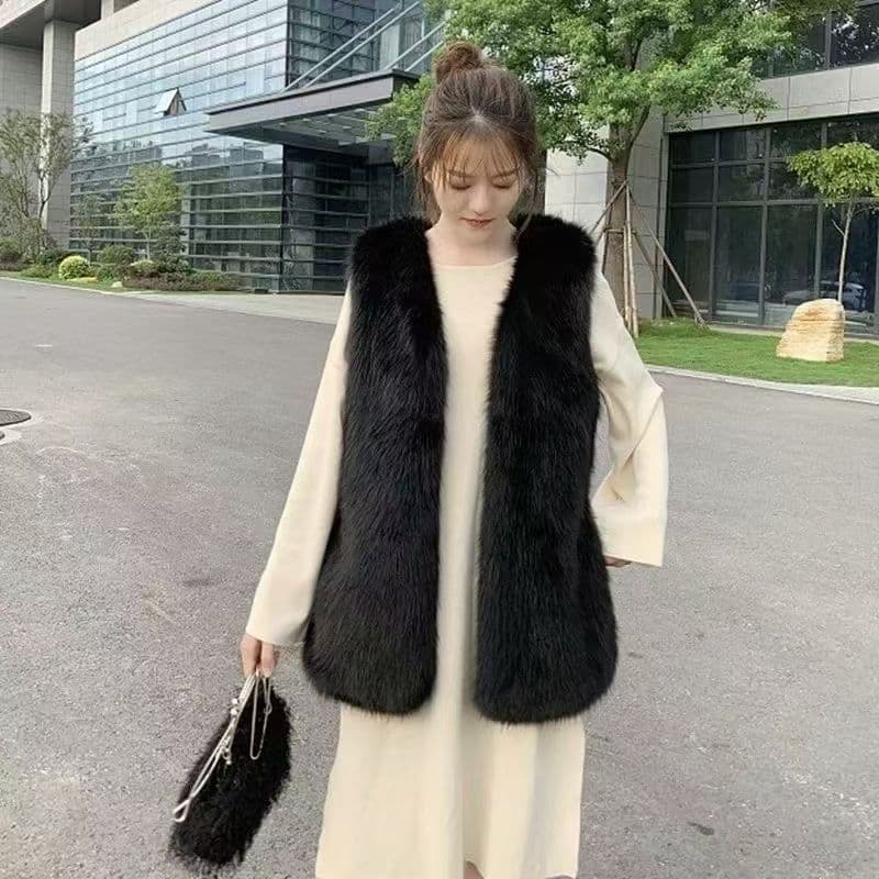 실사 한국 스타일 새로운 모방 여우털 어깨 모피 조끼 여자 중간 길이 조끼 환경 보호 너구리 모피 재킷 상세 이미지 9