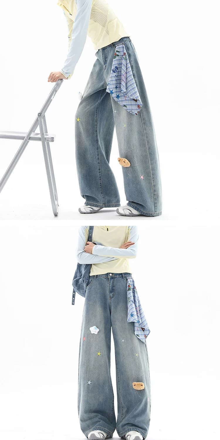 아메리칸 레트로 워싱 만화 피 커튼 청바지 여성 루즈핏 슬림해 보이는 작은 대중 디자인 센스 넓은 다리 모통이 칼 바지 트렌디 이미지 4