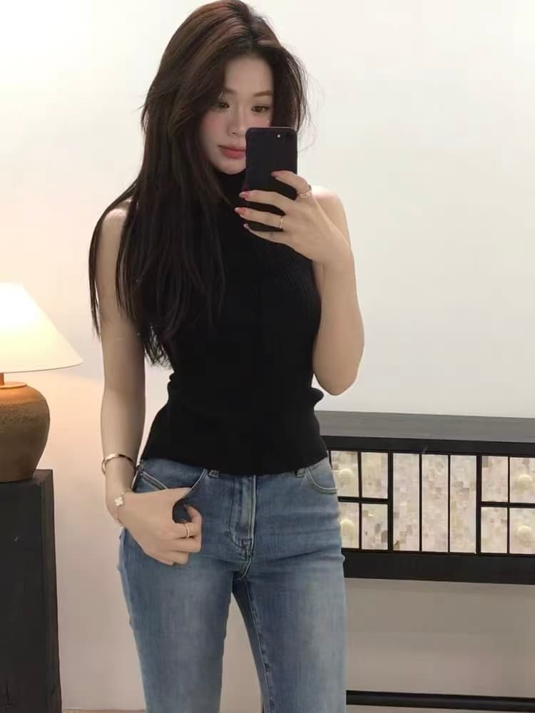 첸 춘 어린이 순수한 욕망 반하이넥 민소매 니트 조끼 몸매 가꾸기 슬림해 보이는 인사이드 가져 가라. 이미지 3