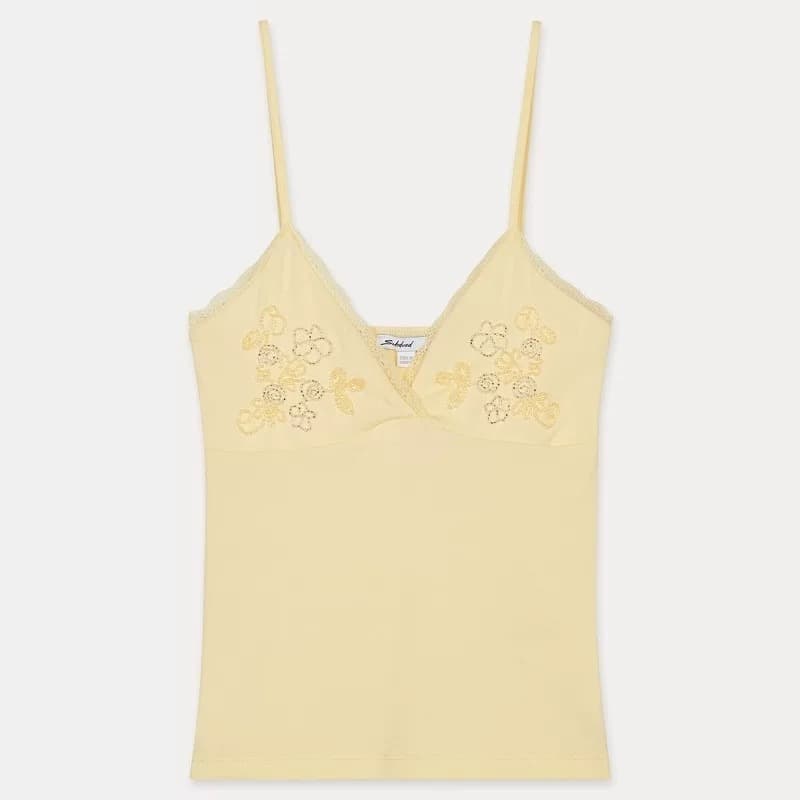 ranwear 달콤한 부서 특별 조정 세련된 V넥 패치워크 레이스 측면 배색 자수 구슬 몸매 가꾸기 디스플레이 몸 캐미솔 이미지 3