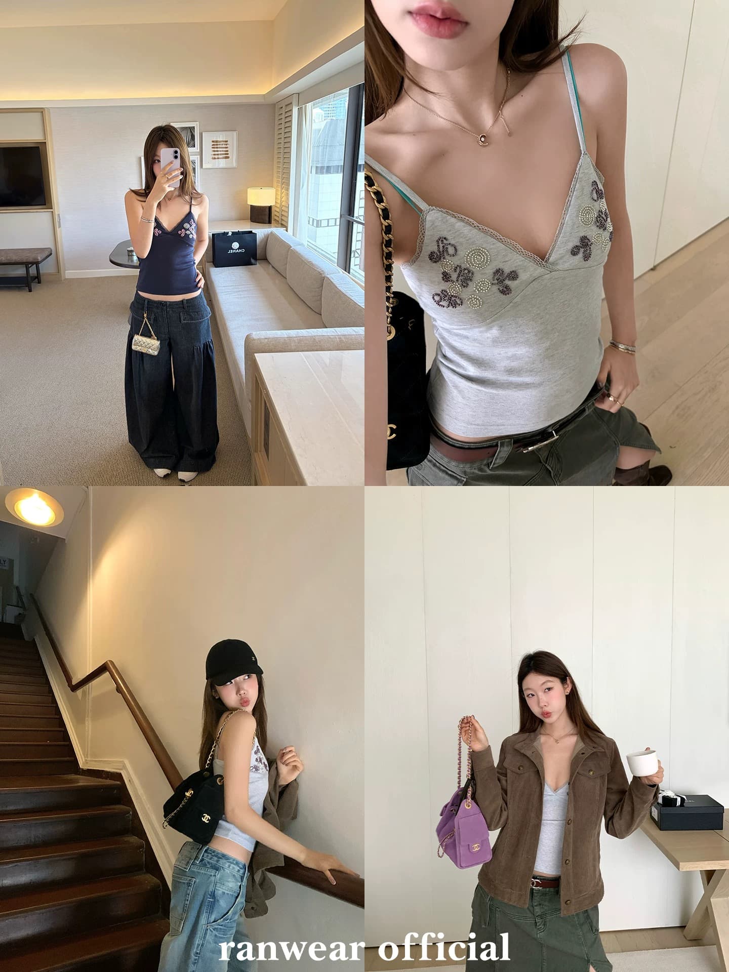 ranwear 달콤한 부서 특별 조정 세련된 V넥 패치워크 레이스 측면 배색 자수 구슬 몸매 가꾸기 디스플레이 몸 캐미솔 상세 이미지 4
