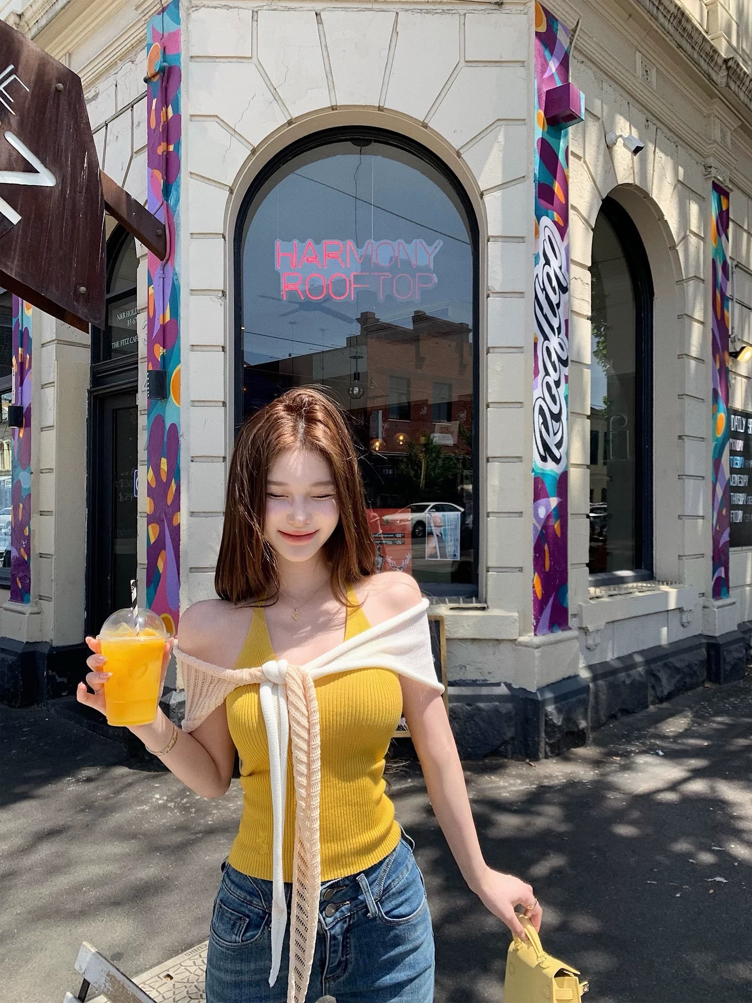 jmshop 아름다움 어깨 함락 양모 혼방 행침 목 슬립 모방 아마 숄 투피스 세트 여름 니트 세트 상세 이미지 6