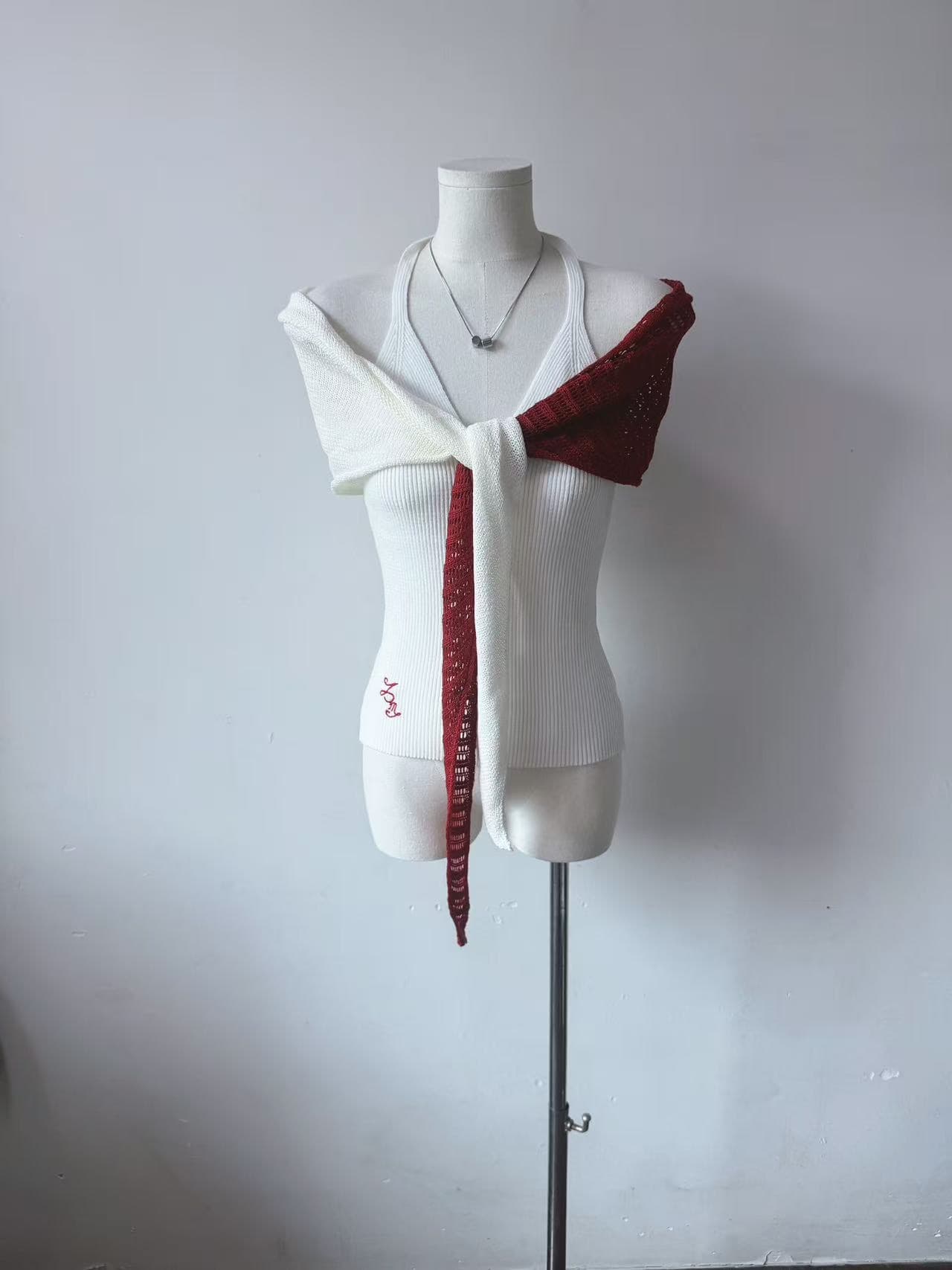 jmshop 아름다움 어깨 함락 양모 혼방 행침 목 슬립 모방 아마 숄 투피스 세트 여름 니트 세트 상세 이미지 2