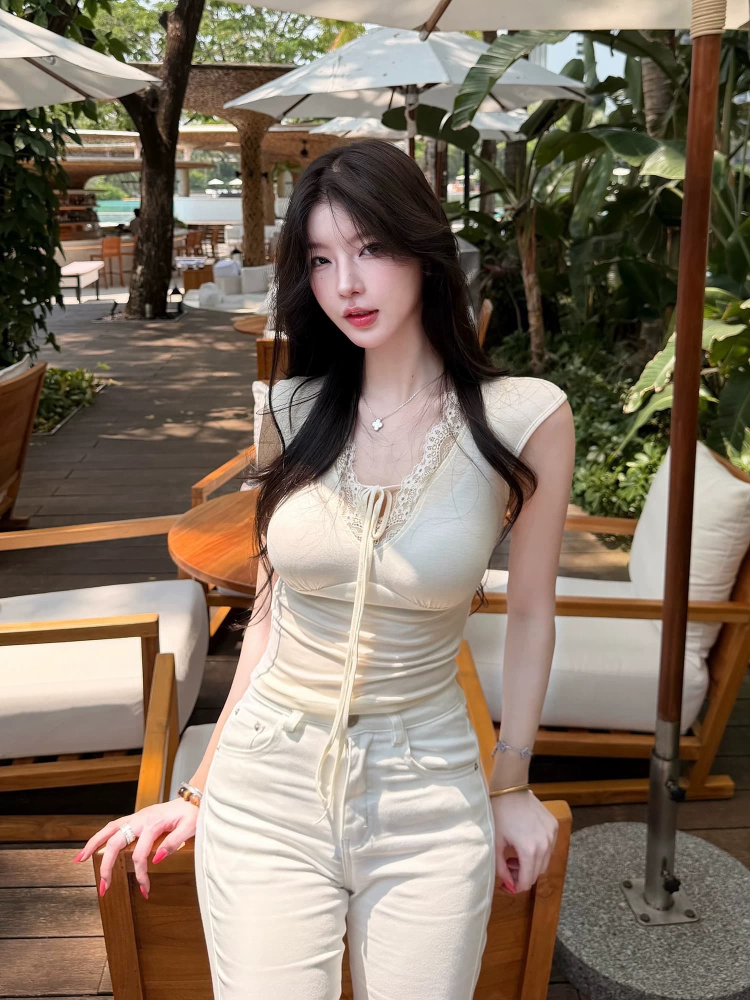 fart shop 레이스 소녀 라이 경기 서울 레이스 레이스 순수한 욕망 레이스업 티셔츠 여성 봄 여름 V넥 맨위 상세 이미지 4