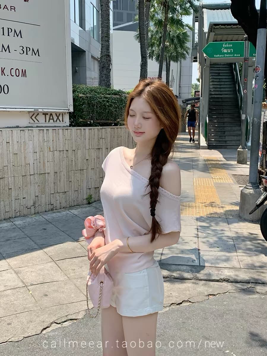 callmeear 작은 섬 Breeze 라이 경기 서울 주간 실크 비스듬한 어깨 레이스 티셔츠 여성 슬림해 보이는 핫걸 맨위 이미지 3