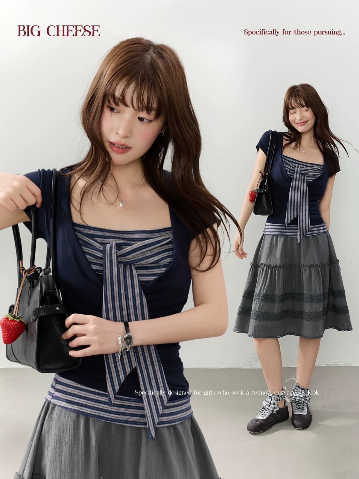 대 말더듬기 다우 시시 빛 틈 블루 레트로 학원 스타일 나비 레이스업 맨위 여름 허리 측면 펌프 Pleat 티셔츠 상세 이미지 1