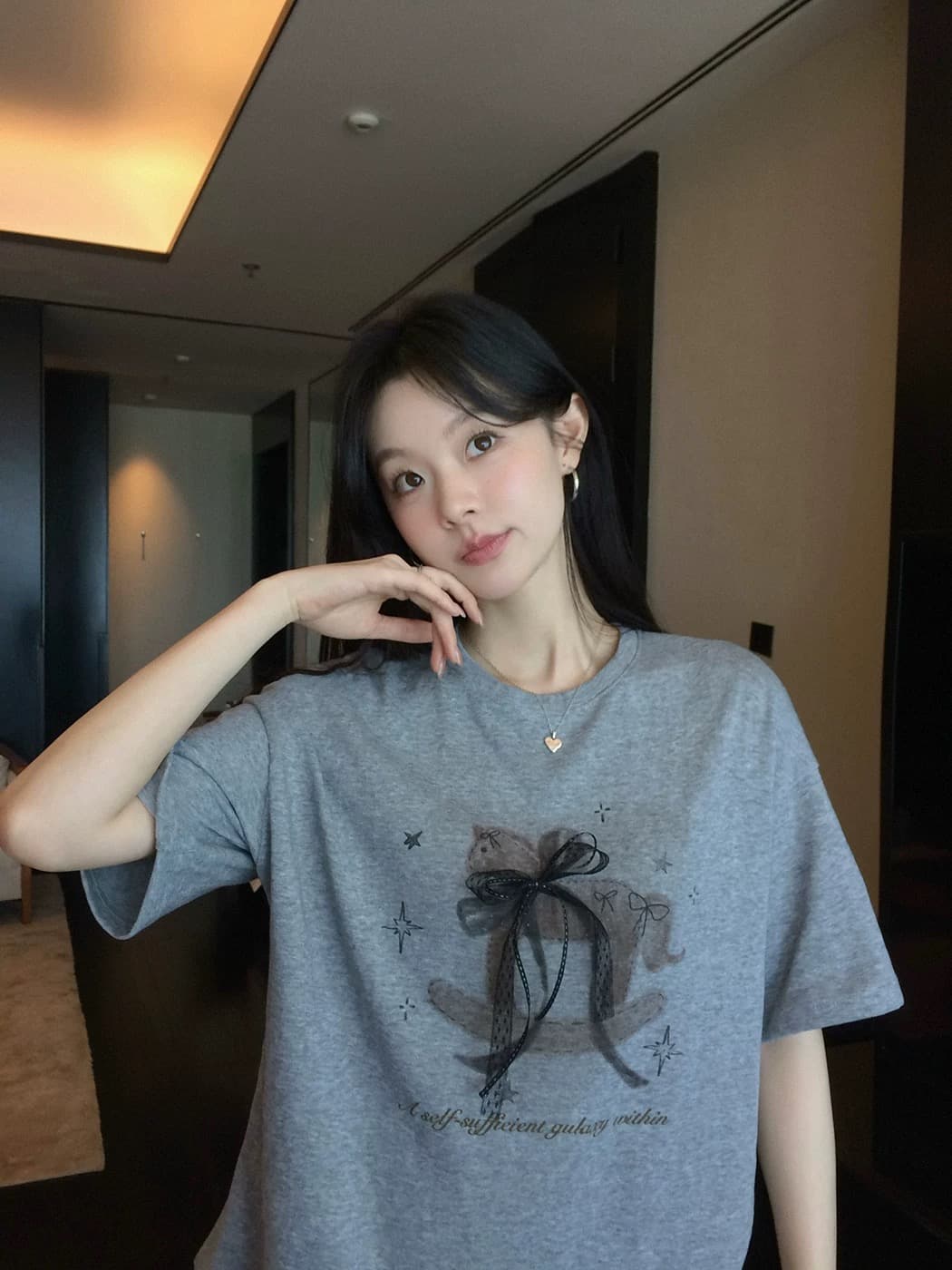 장 베이 베이 ibell 레이스 나비 매듭 리본 트로이 목마 프린트 t 얇은 스타일 슬림해 보이는 라운드 넥 가을 어깨 반팔 맨위 여성 이미지 4