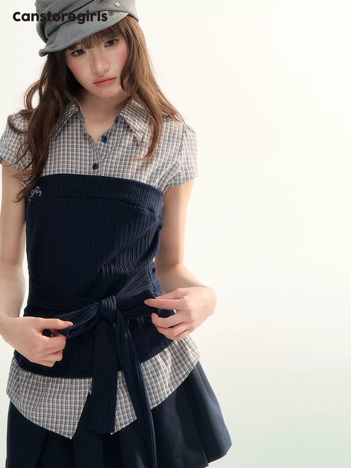 통조림 식품 시시 많은 체크무늬 꽃 편지 패치워크 니트 셔츠 한 마디 퍼프 치마 세트 이미지 3