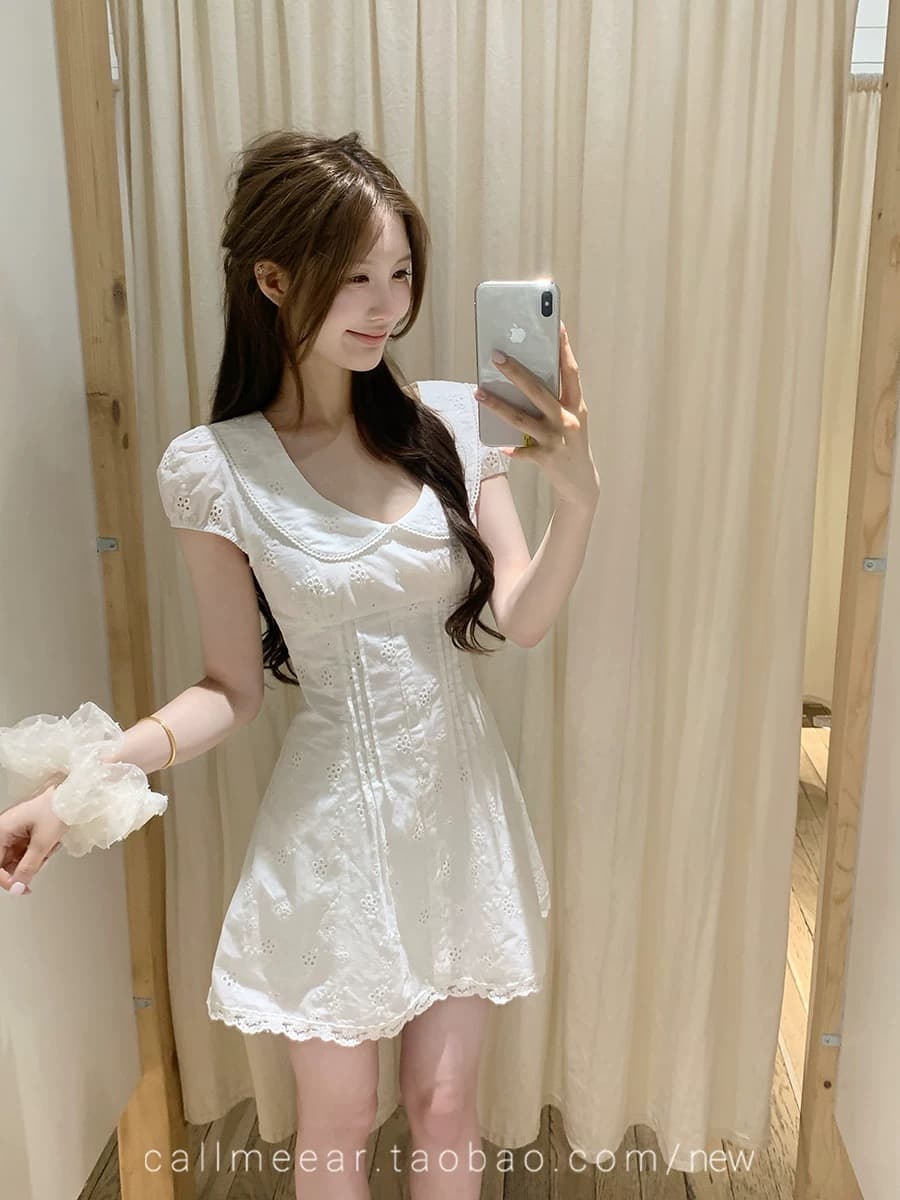 callmeear 화이트 모 녹색 치자 나무 베이비 칼라 거품 소매 드레스 여름 허리 수축 슬림해 보이는 A라인 스커트
