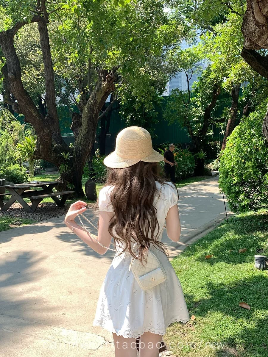 callmeear 화이트 모 녹색 치자 나무 베이비 칼라 거품 소매 드레스 여름 허리 수축 슬림해 보이는 A라인 스커트 이미지 4