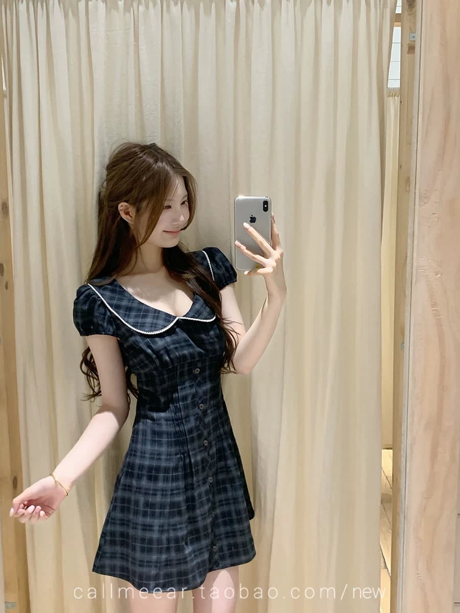 callmeear 화이트 모 녹색 치자 나무 베이비 칼라 거품 소매 드레스 여름 허리 수축 슬림해 보이는 A라인 스커트 상세 이미지 6