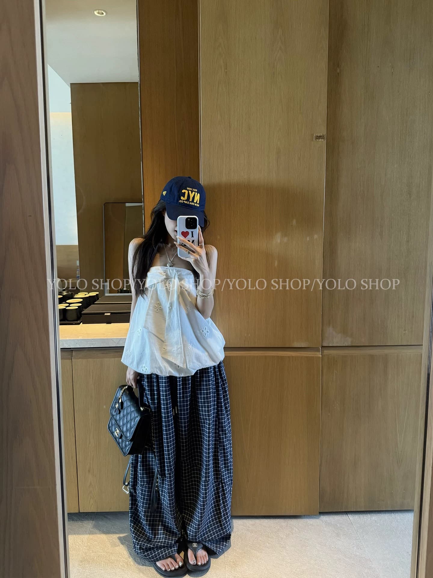 yolo shop 파란색 체크무늬 질감 센스 캐주얼 바지 얇은 여름 한 부서 느긋한 바람 루즈핏 모통이 칼 바지 여성 상세 이미지 3