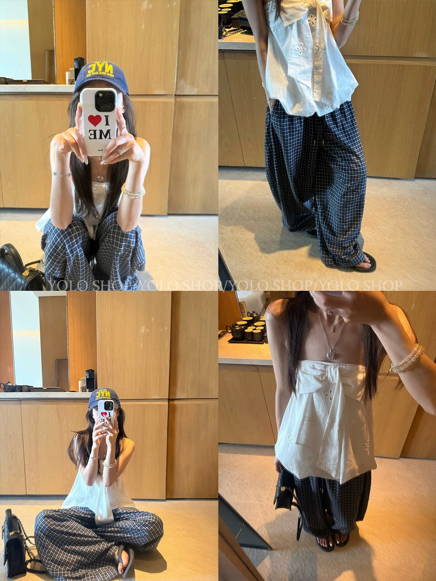 yolo shop 파란색 체크무늬 질감 센스 캐주얼 바지 얇은 여름 한 부서 느긋한 바람 루즈핏 모통이 칼 바지 여성 상세 이미지 4
